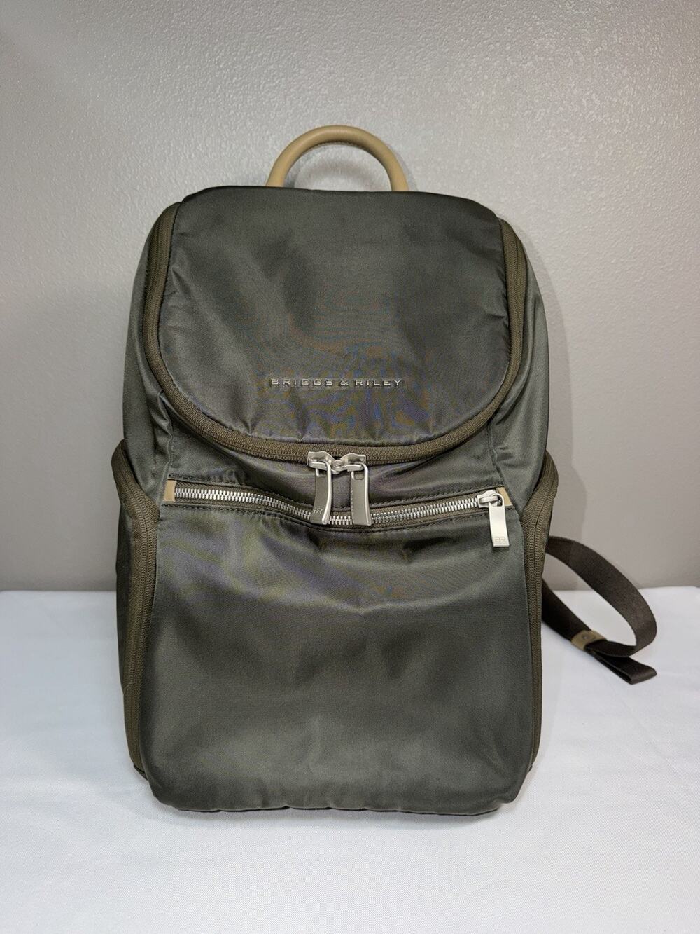 Briggs and Riley Rhapsody U Zip Backpack Olive Green Nylon Trolley Strap Travel